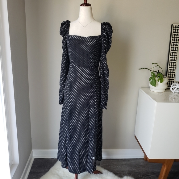 Black Polka Dot Print Gigot Long Sleeve Midi Dress - Picture 13 of 13